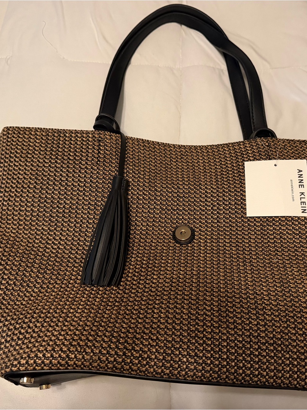 Anne Klein Brown Woven Tote with Black Trim and Tassel